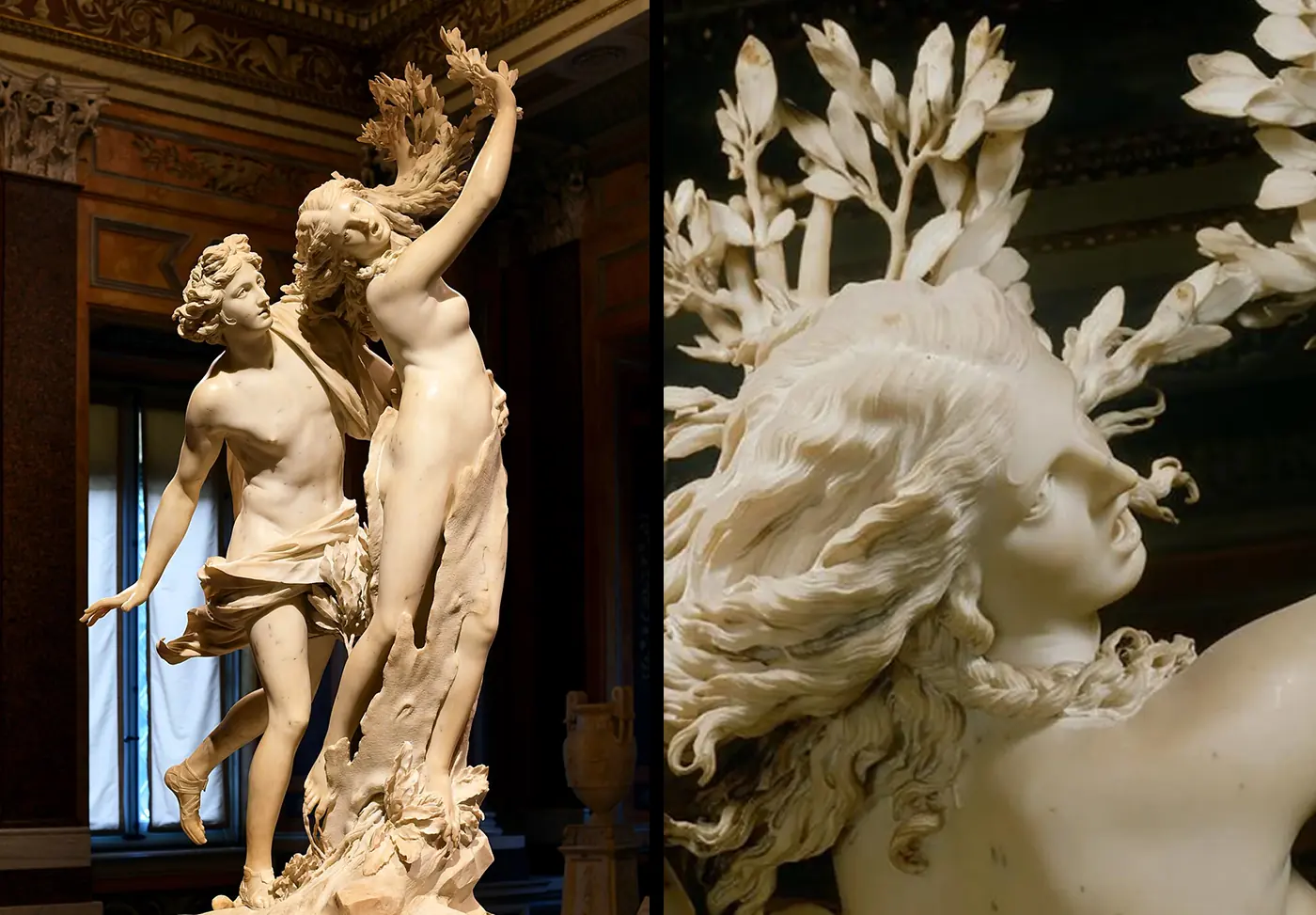 Bernini’s Apollo and Daphne, with a detail of leaves growing from her hair