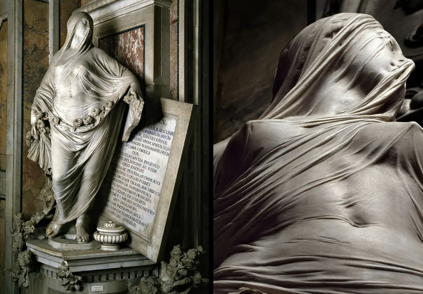 Corradini’s Modesty, with a detail of the carved veil