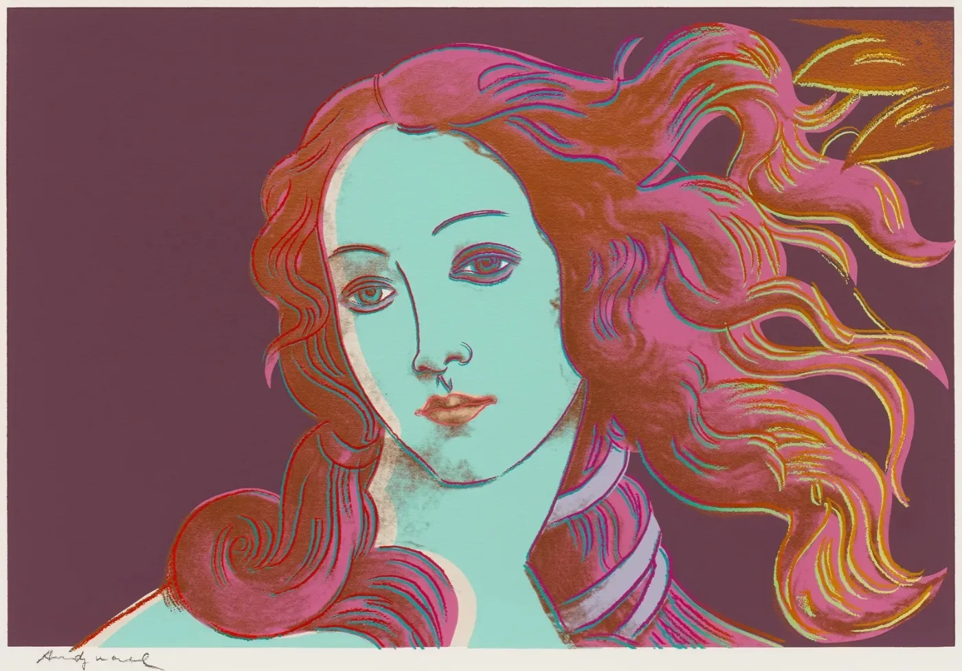 Andy Warhol’s Birth of Venus (1984) Colorful pop art depiction by Andy Warhol of a woman (Venus) with flowing hair, blending pink, purple, and turquoise tones. The expression is calm, set against a dark background.