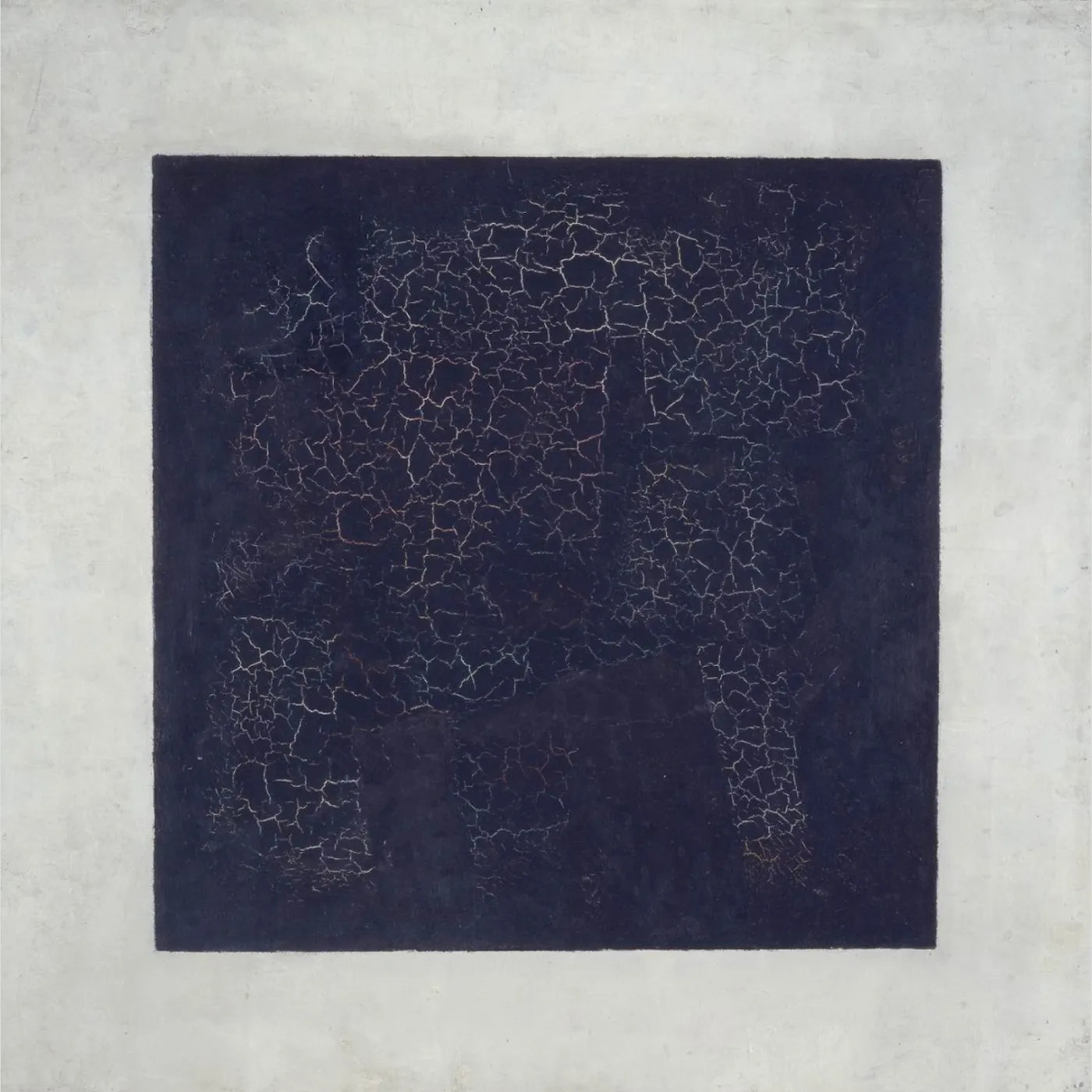 Painting of a black square over a white background, which frames it. Kazimir Malevich’s Black Square (1915)