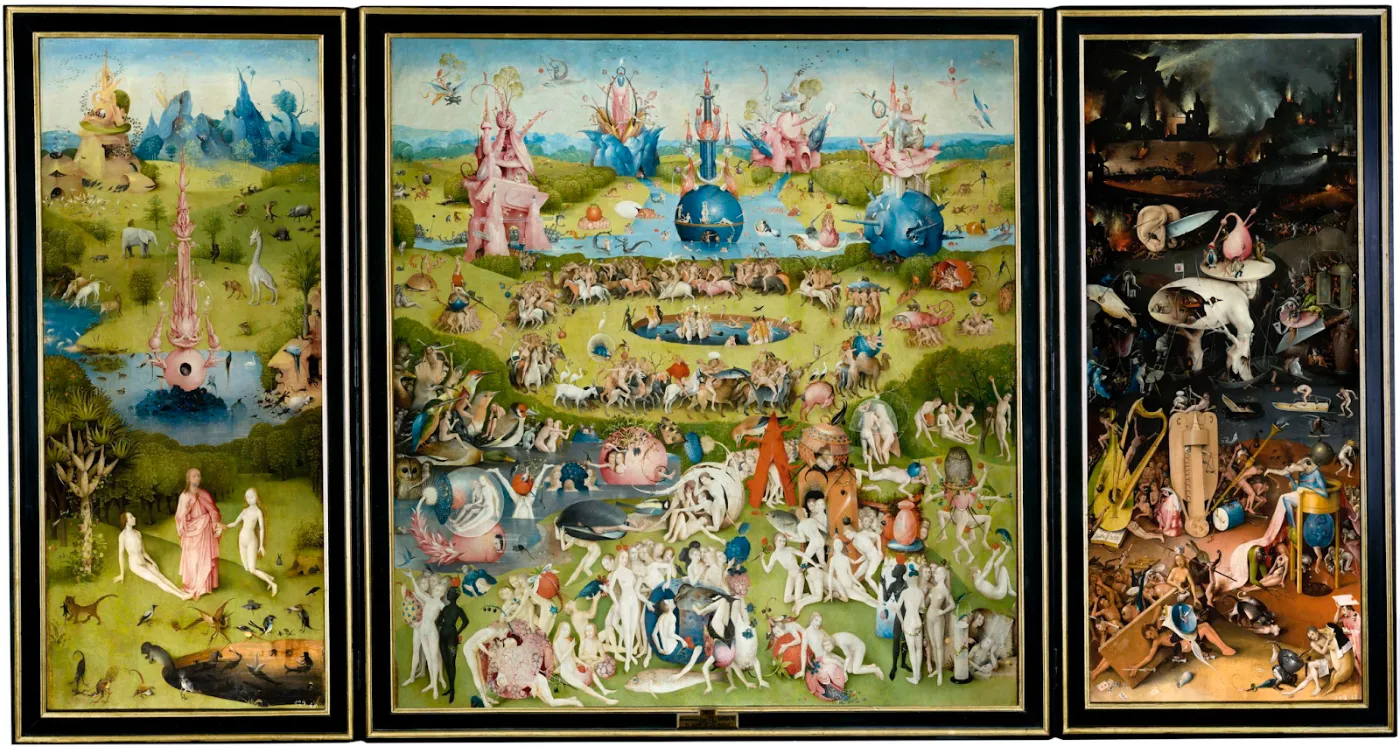 Hieronymus Bosch’s The Garden of Earthly Delights (1490–1510) . Triptych showing the Garden of Eden, Earth and Hell