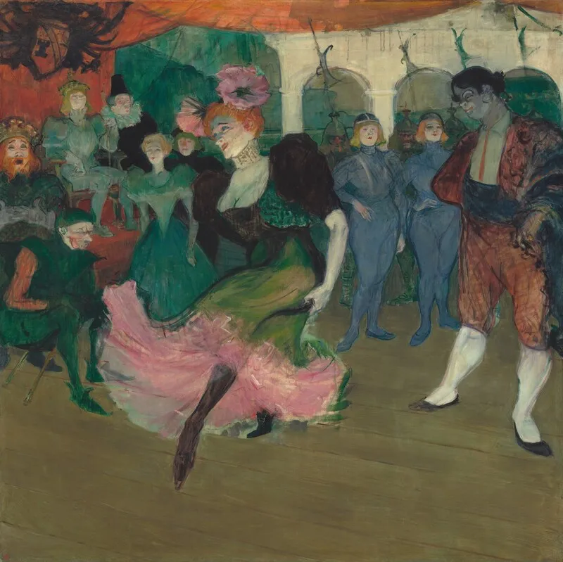 Henri de Toulouse-Lautrec’s Marcelle Lender Dancing the Bolero in “Chilpéric” (1895–96). Colourful painting of a woman in a pink and green dress dancing in the middle of a group of people