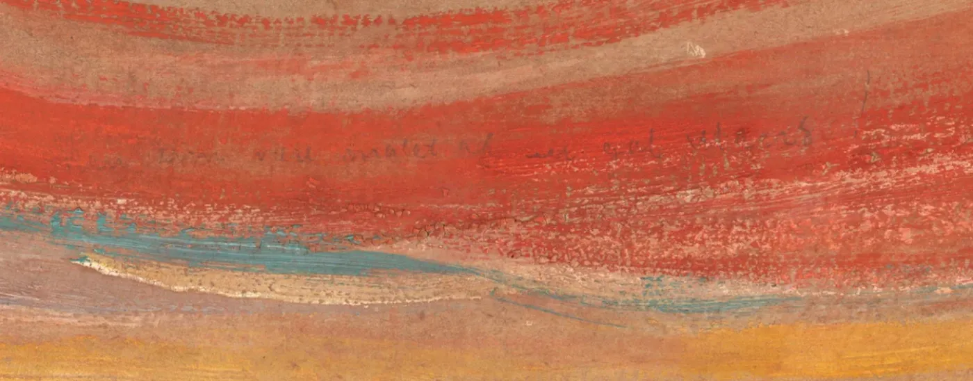 Detail of Edvard Munch’s The Scream (1893) -  Detail of The Scream: with flowing red, orange and blue brushstrokes creating a dynamic, swirling pattern. Faint writing is noticeable over the colours.