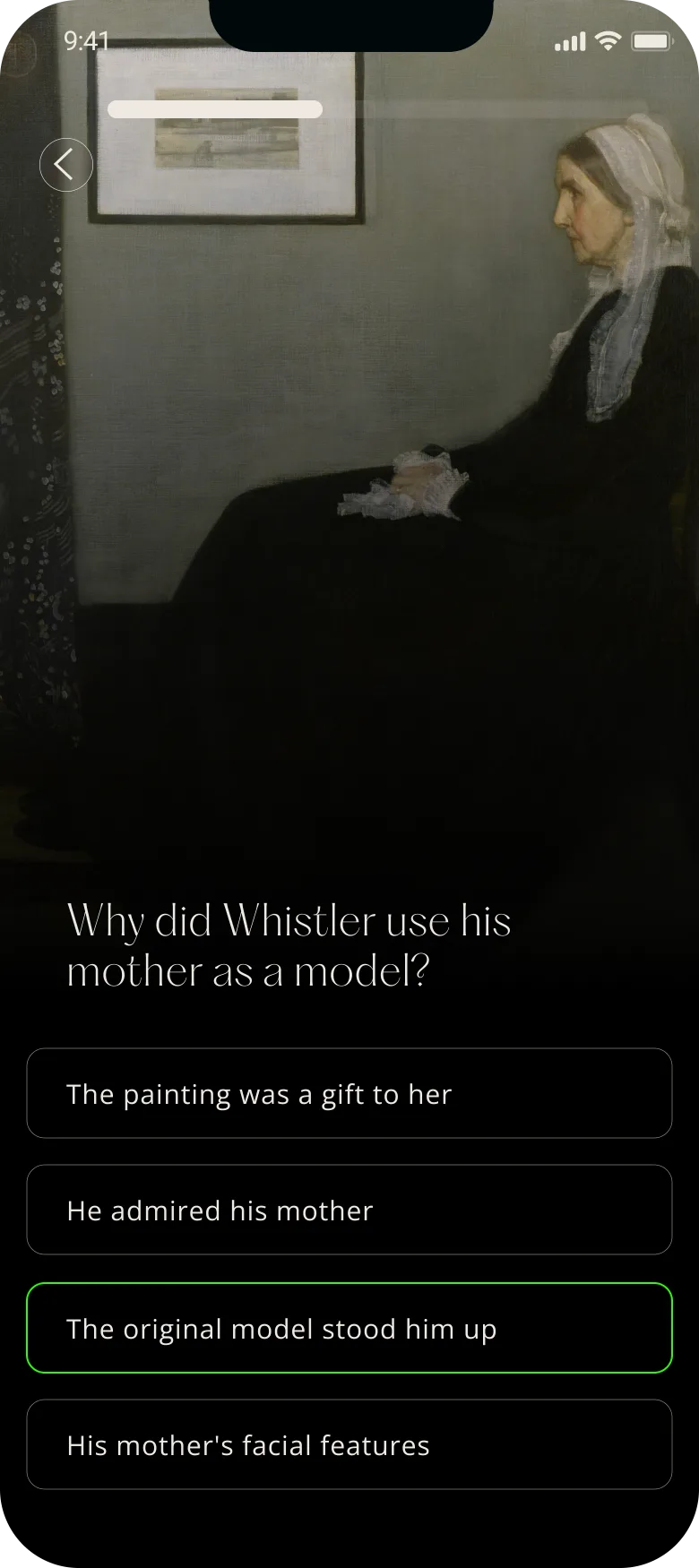 App screen: a quiz question about Whistler
