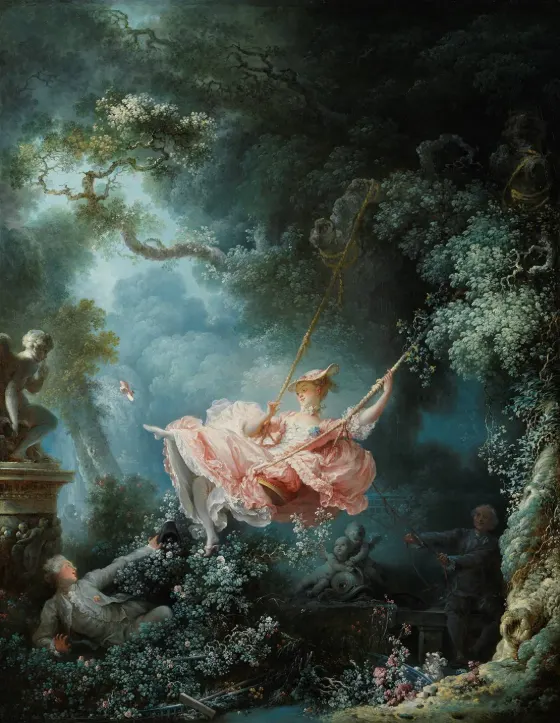 The Swing by Jean-Honore Fragonard: a woman in a pink dress on a swing in a garden